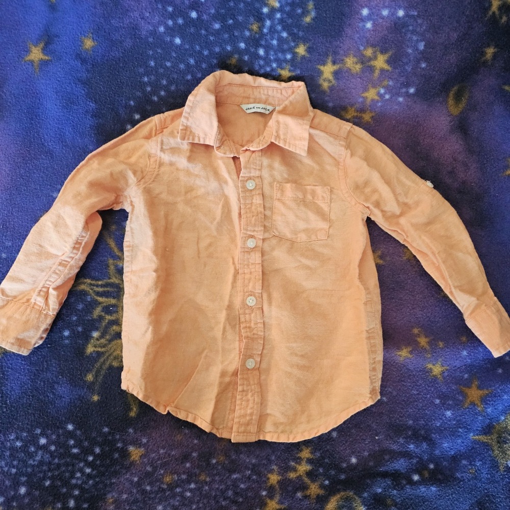 Janie & Jack Shirt Baby Boy 18-24 Months Orange Roll Tab Sleeve Linen Blend NEW